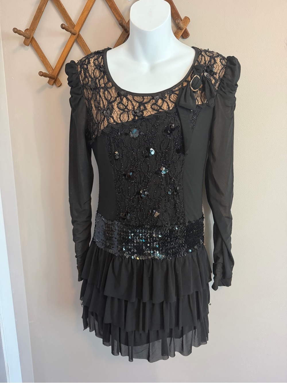 Oalar Fleece Lined Sequin Lace Drop Waist Ruffle Dress Black F